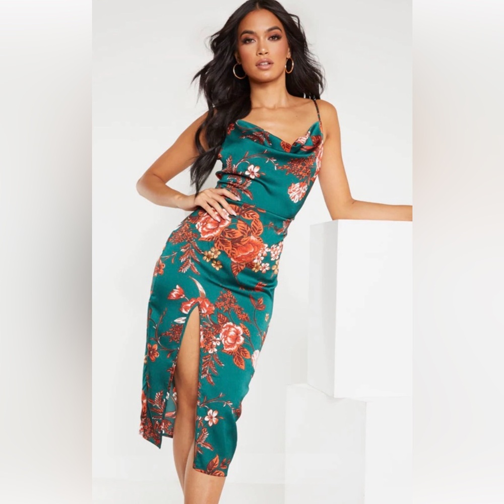 PRETTYLITTLETHING satin green floral slip dress